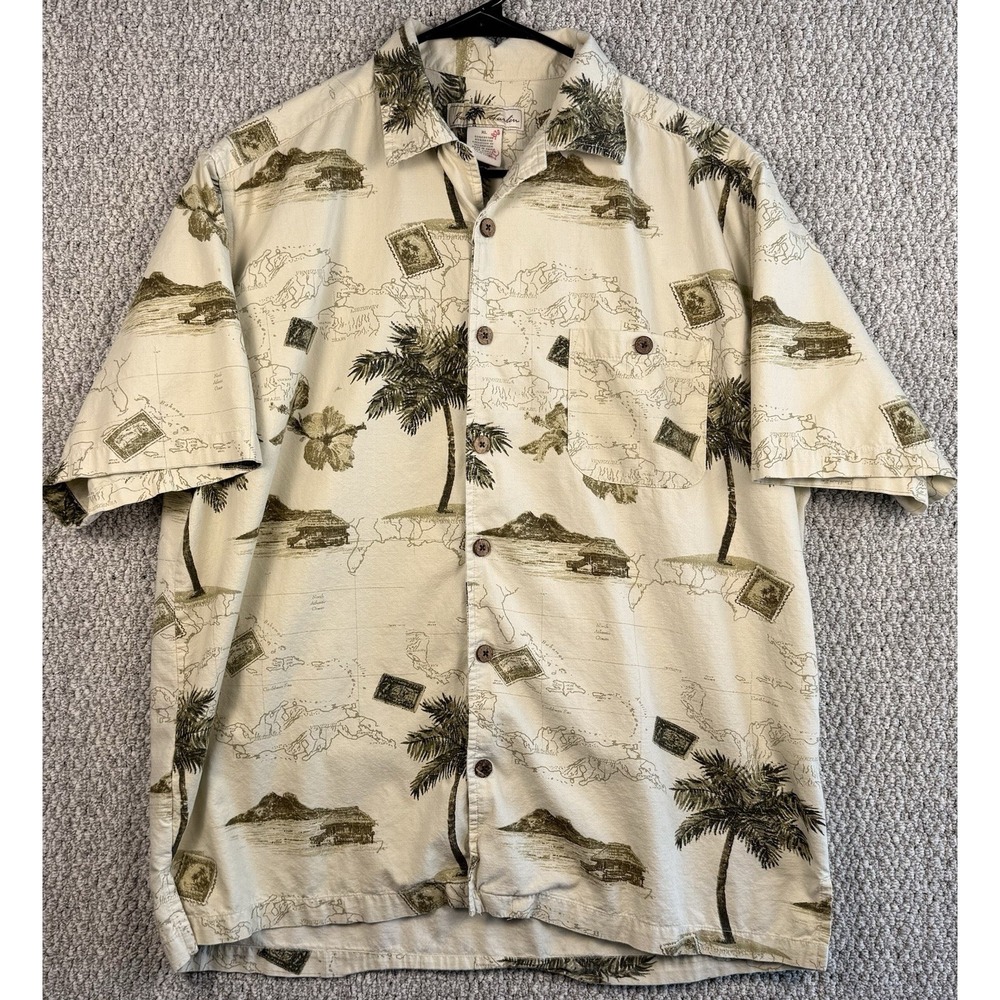 Vintage Joe Marlin Hawaiian Aloha Shirt XL Tropical Map Palm Tree Y2K